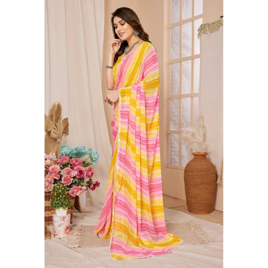 Women's Small Lace Georgette Striped Ready-to-Wear Saree With Unstitched Blouse 5.5 Mtr (Yellow-Pink)