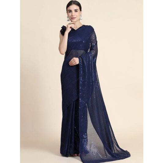 Women's Georgette Embellished Sequnece Bollywood Saree With Unstitched Blouse 5.5Mtr (Blue)