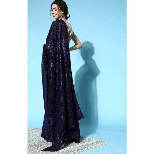 Women's Georgette Embellished Sequnece Bollywood Saree With Unstitched Blouse 5.5Mtr (Blue)