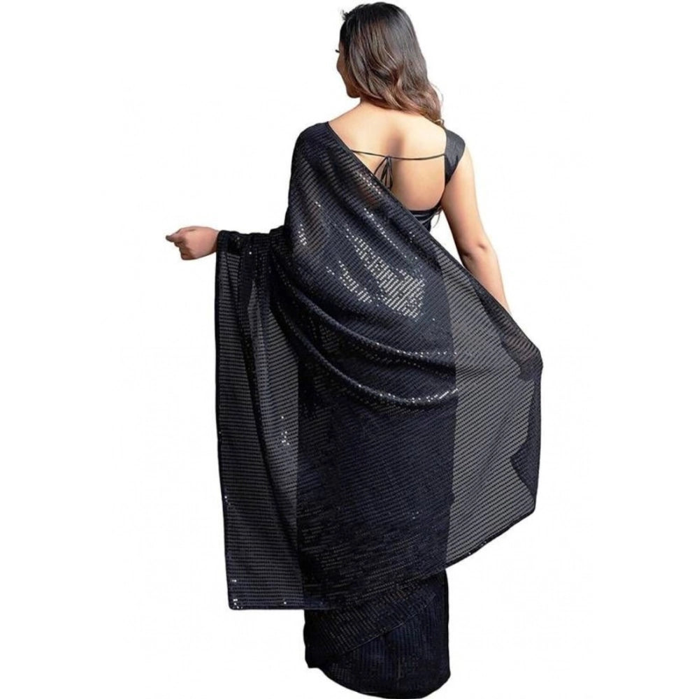 Women's Georgette Embellished Sequnece Bollywood Saree With Unstitched Blouse 5.5Mtr (Black)