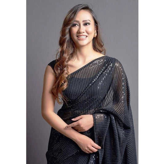Women's Georgette Embellished Sequnece Bollywood Saree With Unstitched Blouse 5.5Mtr (Black)