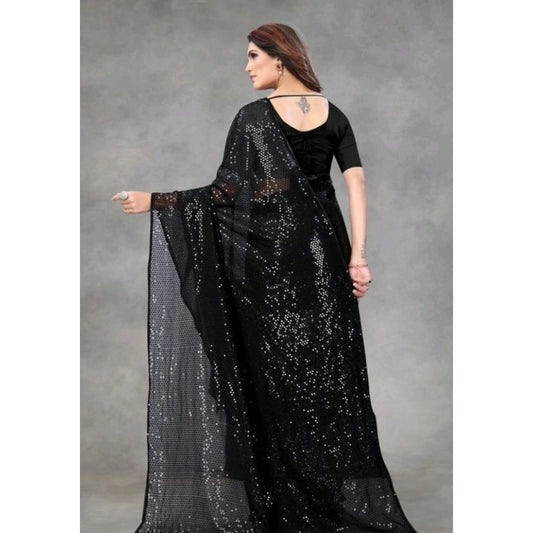 Women's Georgette Embellished Sequnece Bollywood Saree With Unstitched Blouse 5.5Mtr (Black)