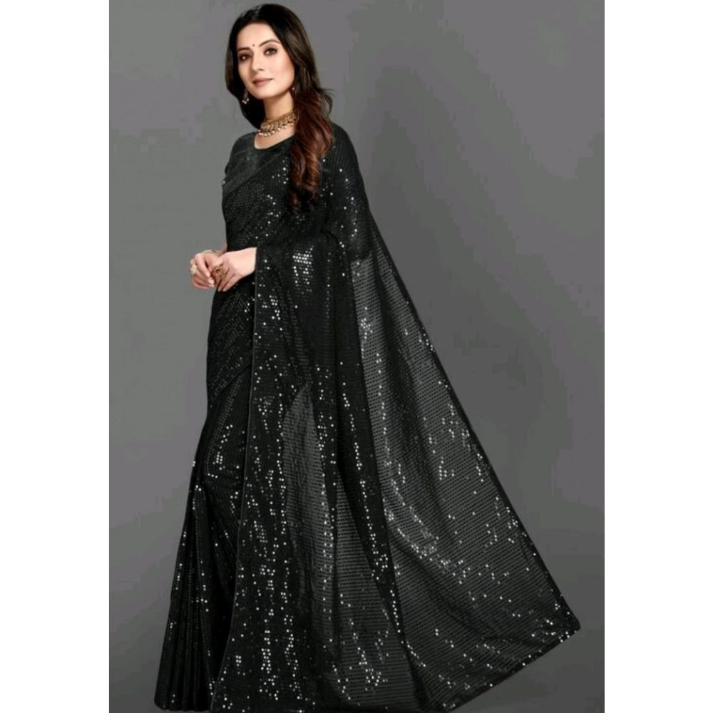 Women's Georgette Embellished Sequnece Bollywood Saree With Unstitched Blouse 5.5Mtr (Black)