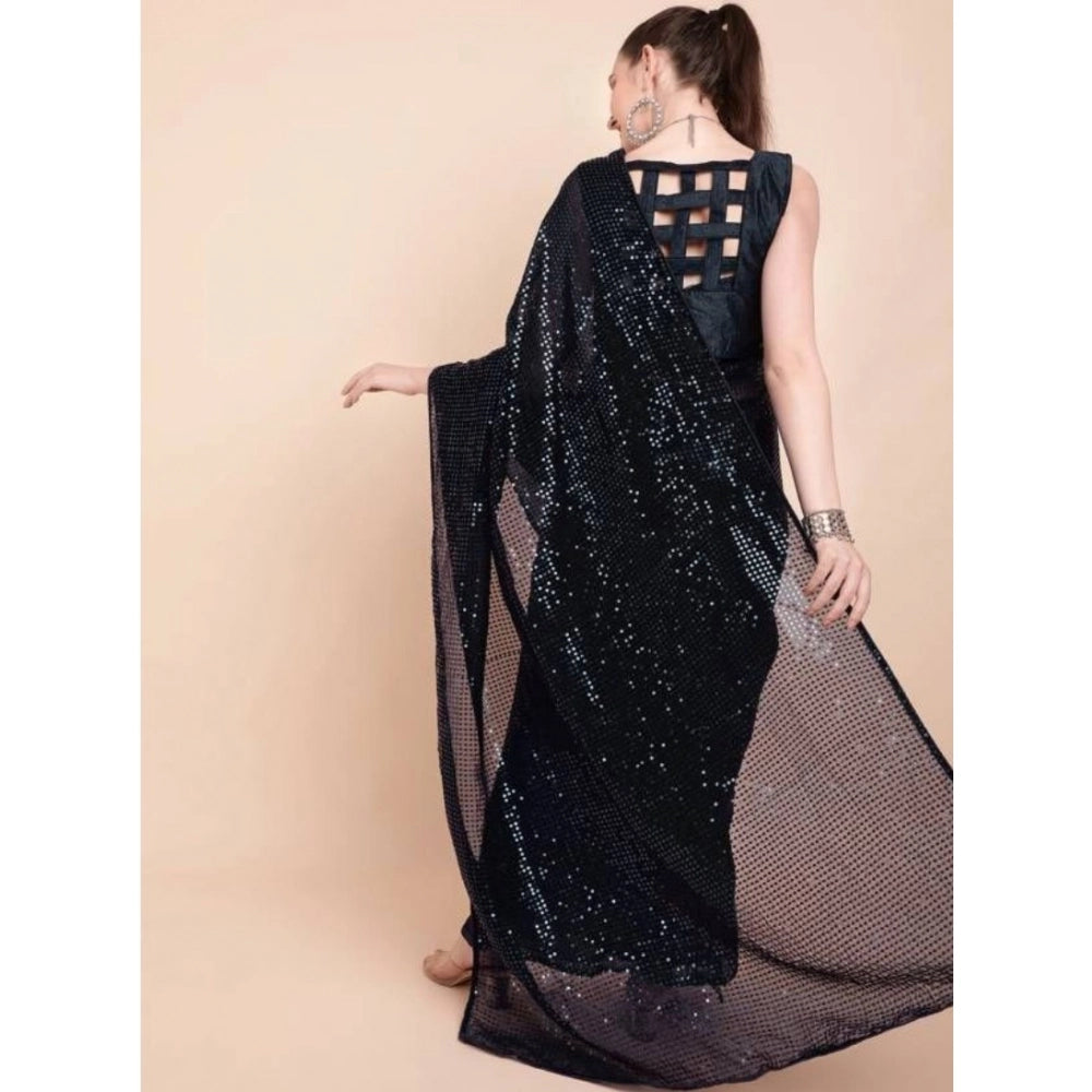 Women's Georgette Embellished Sequnece Bollywood Saree With Unstitched Blouse 5.5Mtr (Black)