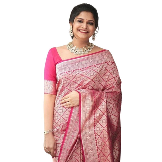 Women's Silk Printed Saree With Unstitched Blouse 5.5Mtr (Pink)