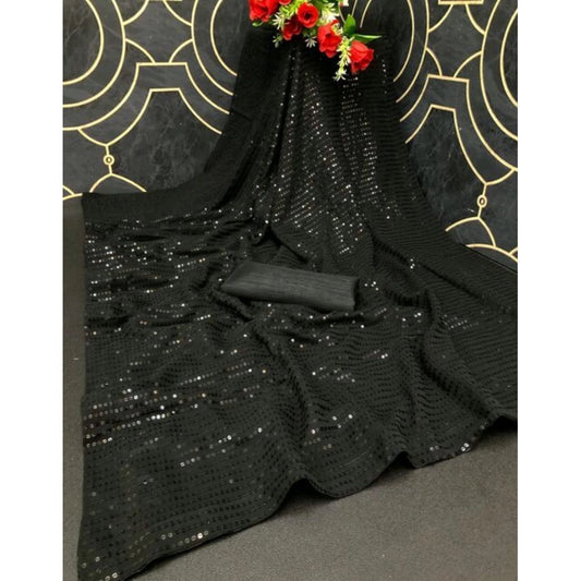 Women's Georgette Embellished Sequnece Bollywood Saree With Unstitched Blouse 5.5Mtr (Black)