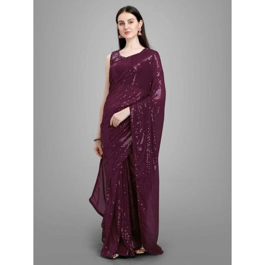 Women's Georgette Embellished Sequnece Bollywood Saree With Unstitched Blouse 5.5Mtr (Purple)