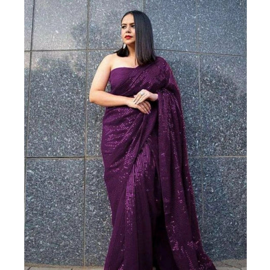Women's Georgette Embellished Sequnece Bollywood Saree With Unstitched Blouse 5.5Mtr (Purple)