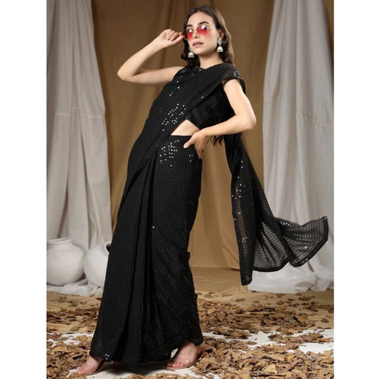 Women's Georgette Embellished Sequnece Bollywood Saree With Unstitched Blouse 5.5Mtr (Black)