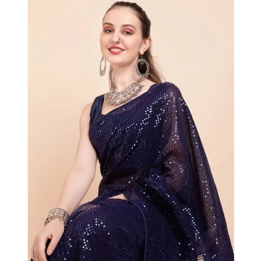 Women's Georgette Embellished Sequnece Bollywood Saree With Unstitched Blouse 5.5Mtr (Blue)