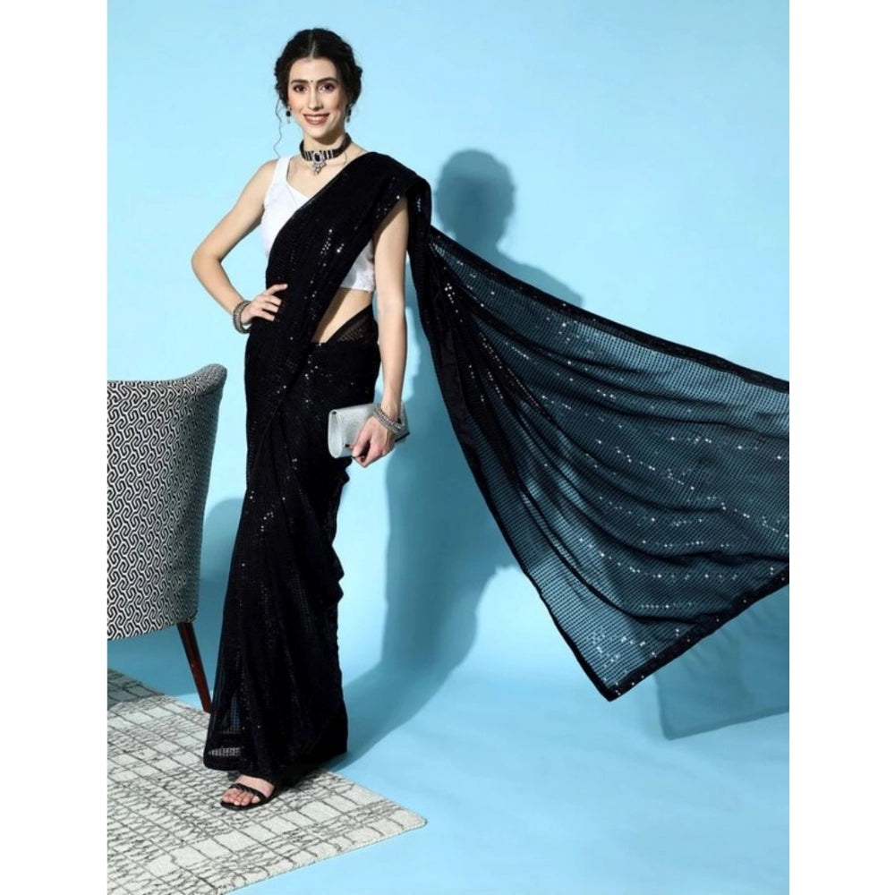 Women's Georgette Embellished Sequnece Bollywood Saree With Unstitched Blouse 5.5Mtr (Black)