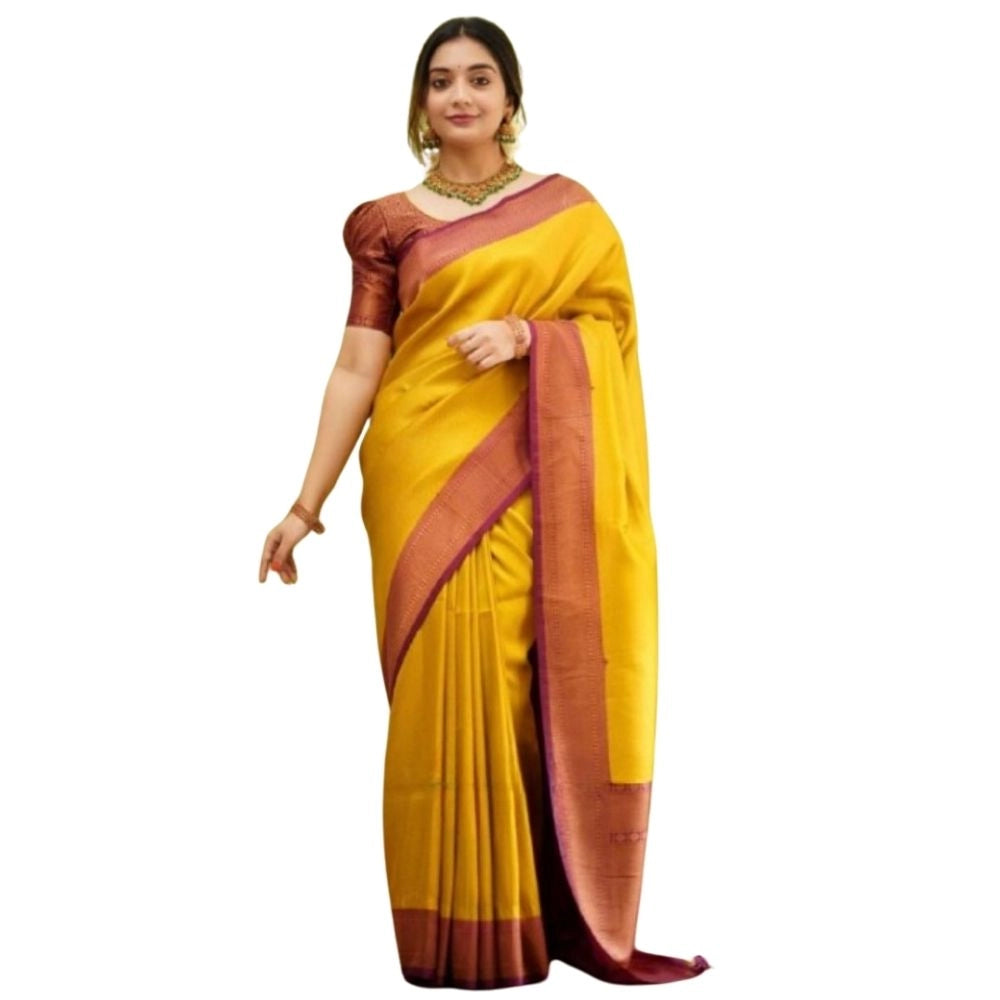 Women's Silk Printed Saree With Unstitched Blouse 5.5Mtr (Yellow)