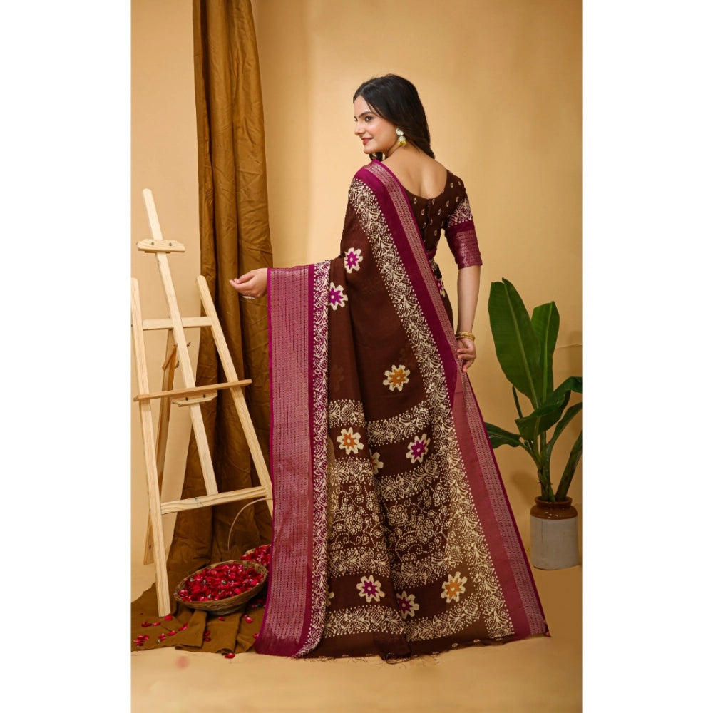 Women's Soft Blooming Marshmallow Fabric Kalamkari Printed Saree With Unstitched Blouse 5.5Mtr (Maroon)