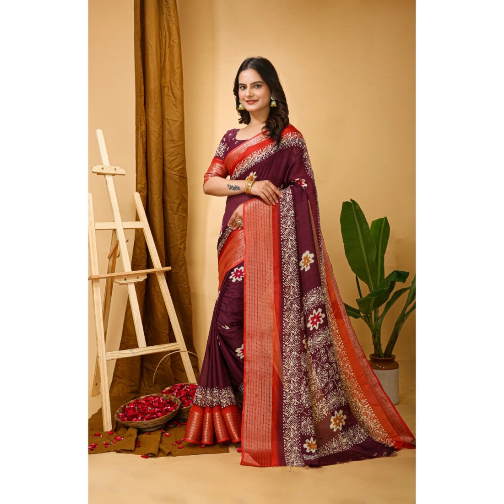 Women's Soft Blooming Marshmallow Fabric Kalamkari Printed Saree With Unstitched Blouse 5.5Mtr (Wine)