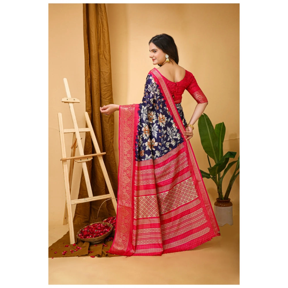 Women's Soft Dola Cotton Kalamkari Printed Saree With Unstitched Blouse 5.5Mtr (Navy Blue)