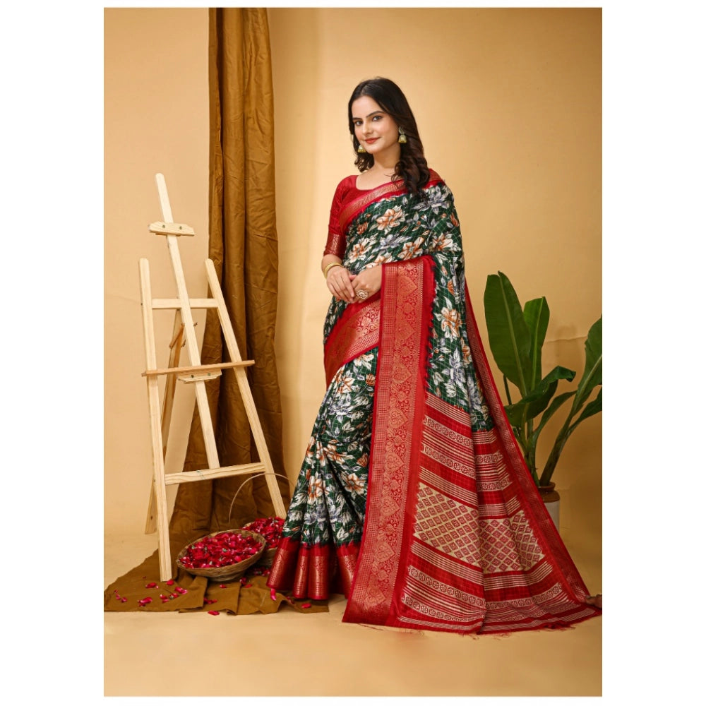 Women's Soft Dola Cotton Kalamkari Printed Saree With Unstitched Blouse 5.5Mtr (Green)