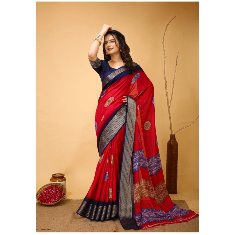 Women's Soft Blooming Marshmallow Fabric Kalamkari Printed Saree With Unstitched Blouse 5.5Mtr (Red)