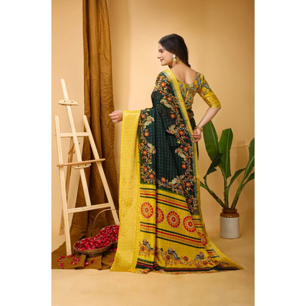 Women's Soft Dola Cotton Kalamkari Printed Saree With Unstitched Blouse 5.5Mtr (Green)