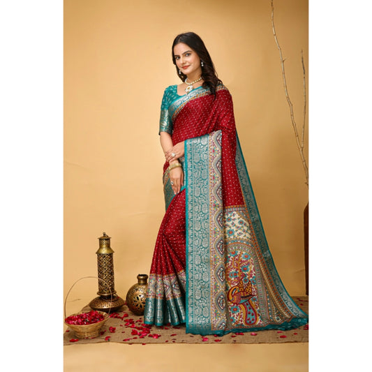 Women's Soft Dola Cotton Kalamkari Printed Saree With Unstitched Blouse 5.5Mtr (Red)