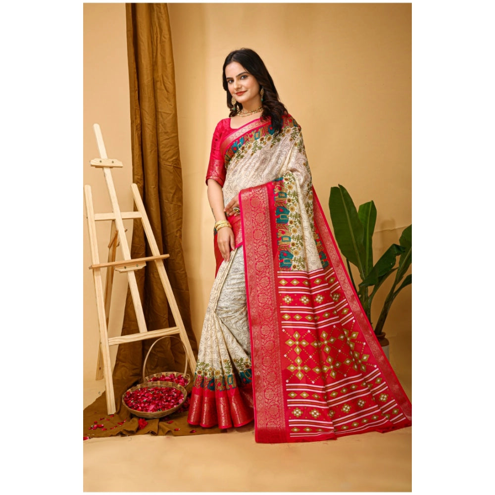 Women's Soft Dola Cotton Kalamkari Printed Saree With Unstitched Blouse 5.5Mtr (White)