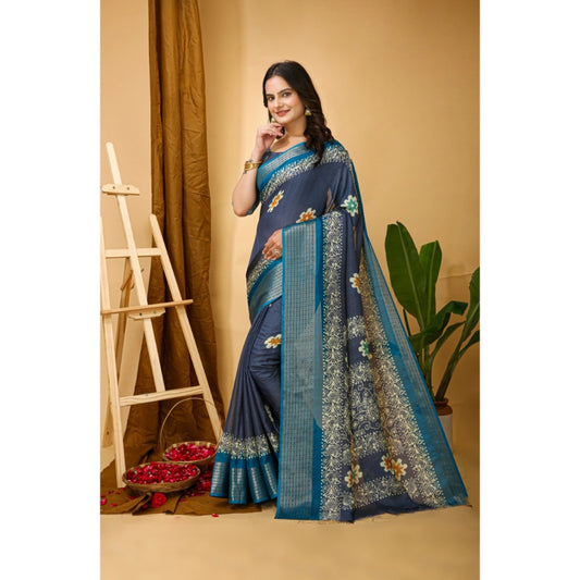 Women's Soft Blooming Marshmallow Fabric Kalamkari Printed Saree With Unstitched Blouse 5.5Mtr (Grey)