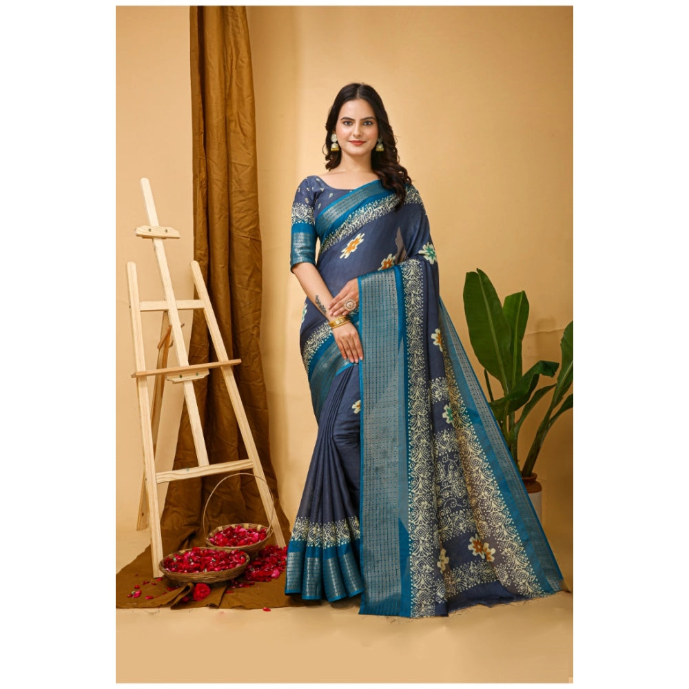 Women's Soft Blooming Marshmallow Fabric Kalamkari Printed Saree With Unstitched Blouse 5.5Mtr (Grey)