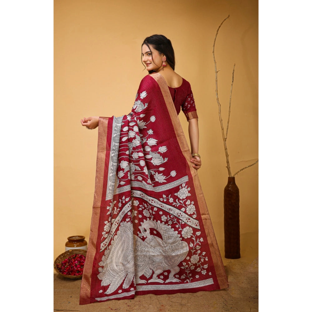 Generic Women's Soft Handloom Cotton Kalamkari Printed Saree With Unstitched Blouse 5.5Mtr (Maroon)
