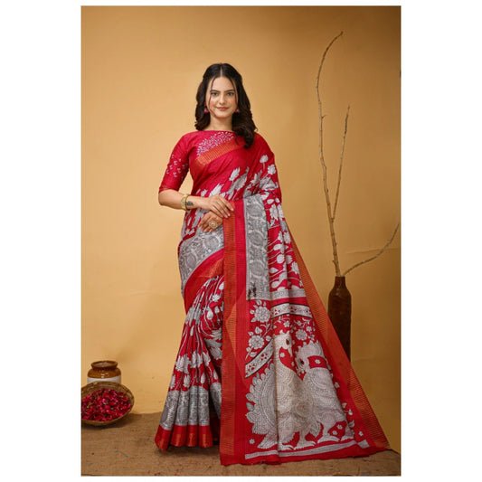 Generic Women's Soft Handloom Cotton Kalamkari Printed Saree With Unstitched Blouse 5.5Mtr (Pink)