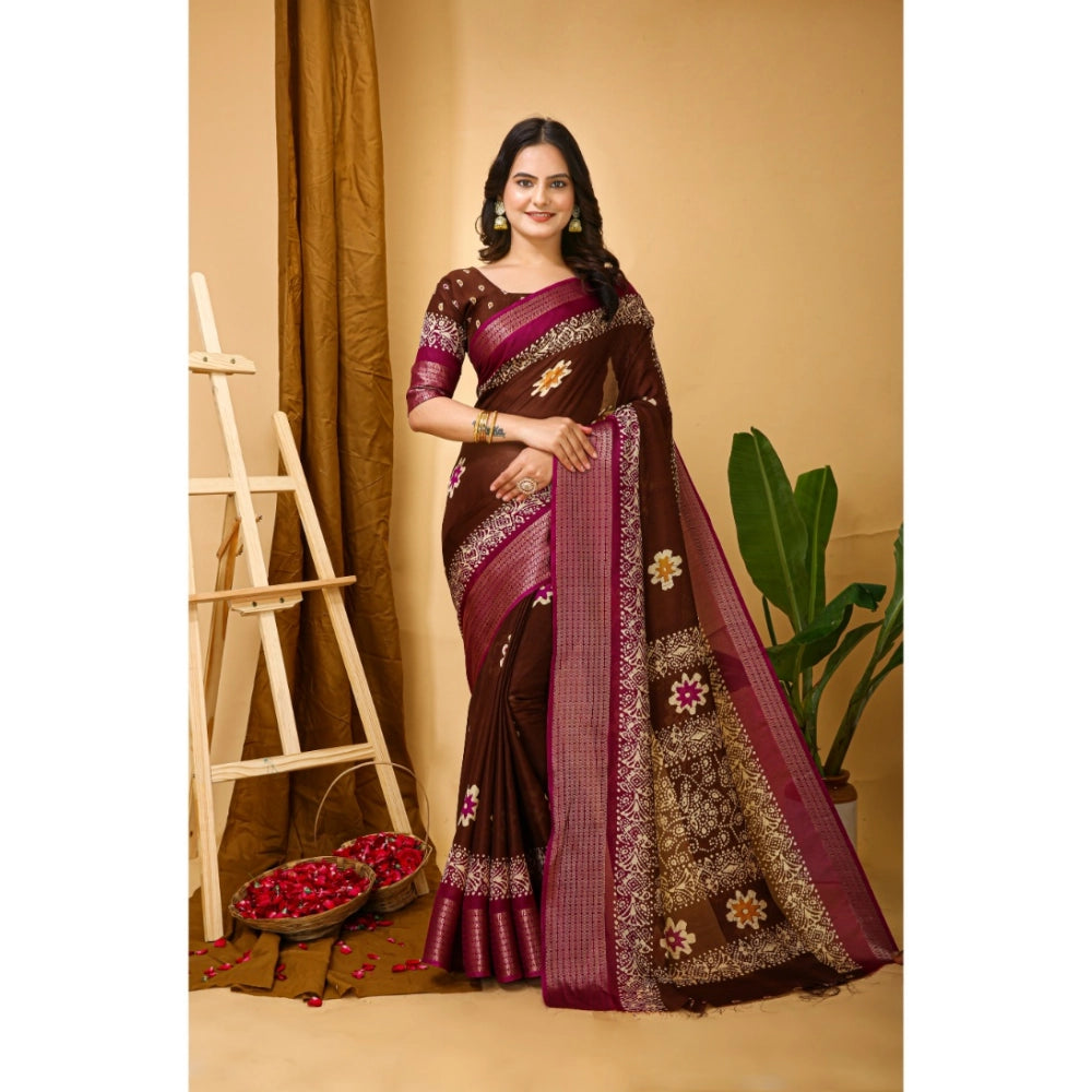 Women's Soft Blooming Marshmallow Fabric Kalamkari Printed Saree With Unstitched Blouse 5.5Mtr (Maroon)