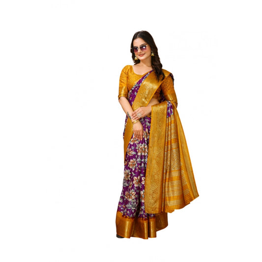 Women's Soft Dola Cotton Kalamkari Printed Saree With Unstitched Blouse 5.5Mtr (Purple)