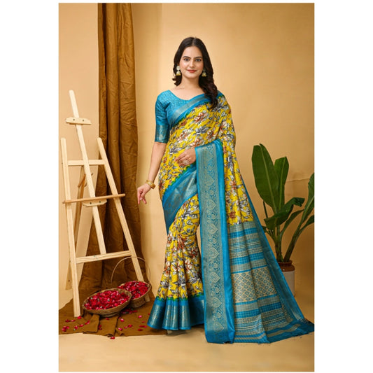 Women's Soft Dola Cotton Kalamkari Printed Saree With Unstitched Blouse 5.5Mtr (Yellow)