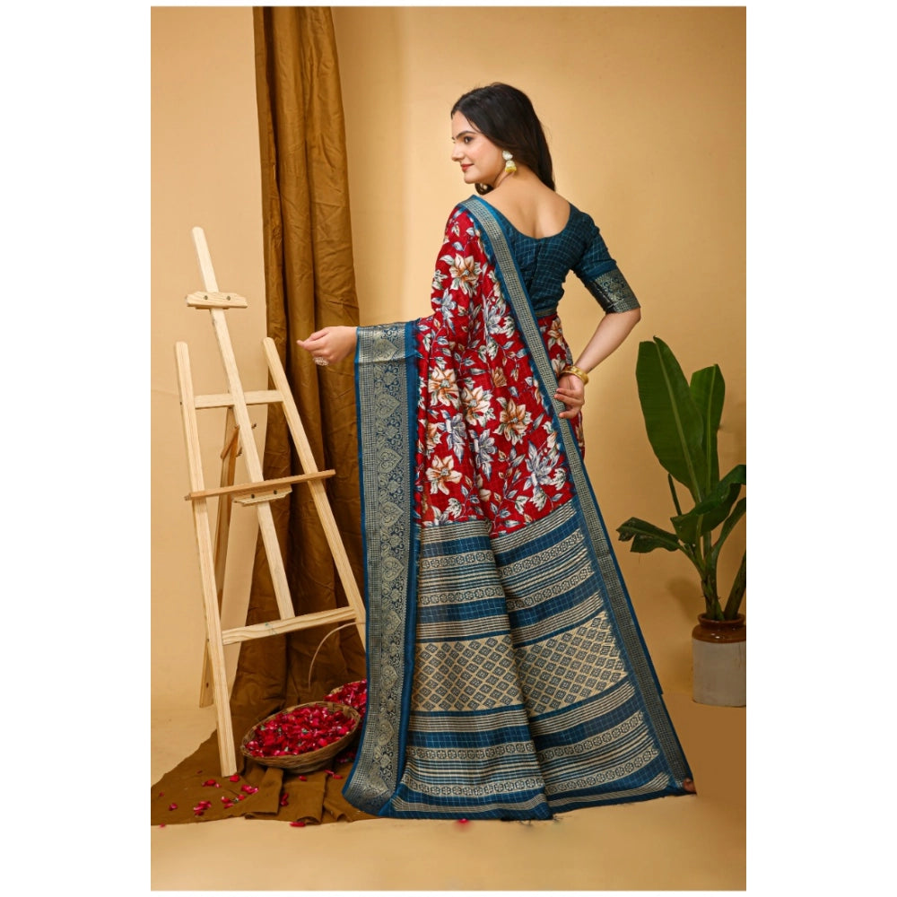 Women's Soft Dola Cotton Kalamkari Printed Saree With Unstitched Blouse 5.5Mtr (Red)