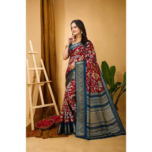 Women's Soft Dola Cotton Kalamkari Printed Saree With Unstitched Blouse 5.5Mtr (Red)