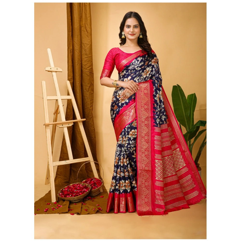 Women's Soft Dola Cotton Kalamkari Printed Saree With Unstitched Blouse 5.5Mtr (Navy Blue)