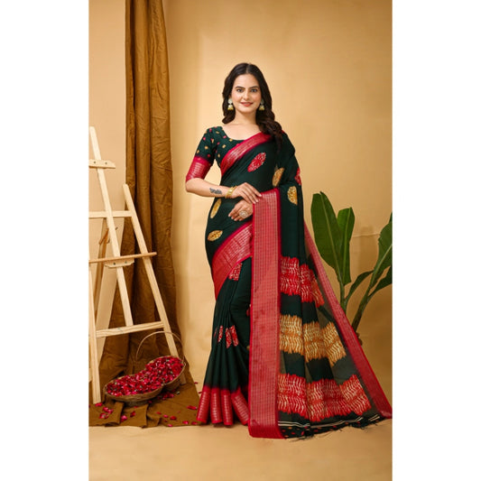 Women's Soft Blooming Marshmallow Fabric Kalamkari Printed Saree With Unstitched Blouse 5.5Mtr (Green)