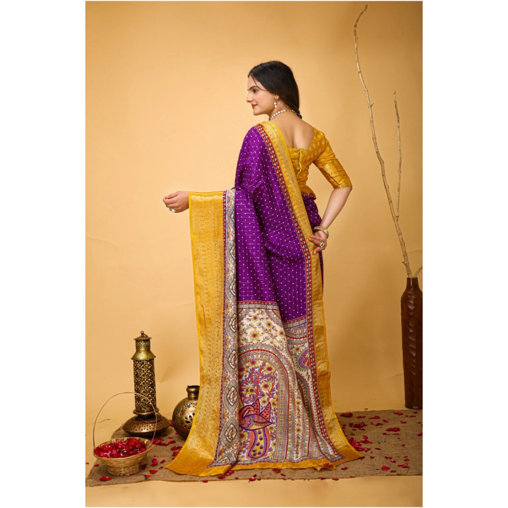 Women's Soft Dola Cotton Kalamkari Printed Saree With Unstitched Blouse 5.5Mtr (Purple)