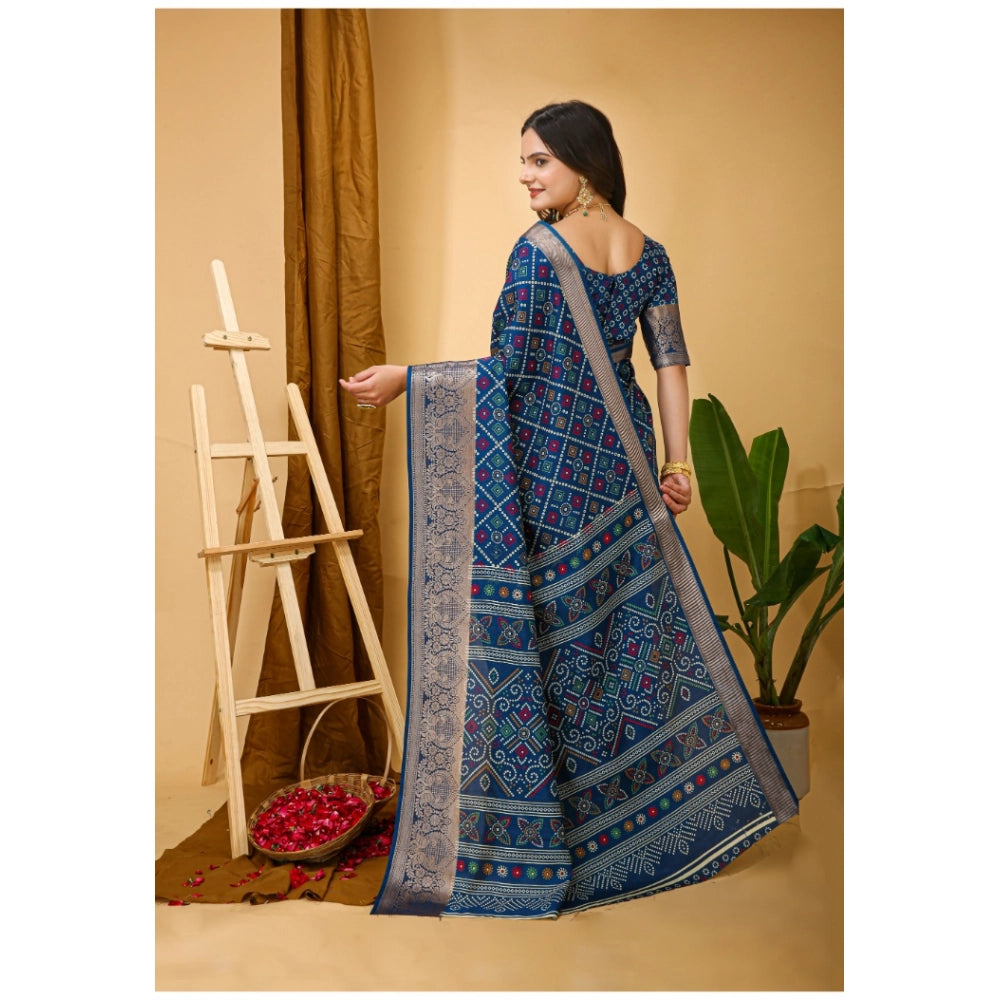 Women's Soft Dola Cotton Kalamkari Printed Saree With Unstitched Blouse 5.5Mtr (Blue)