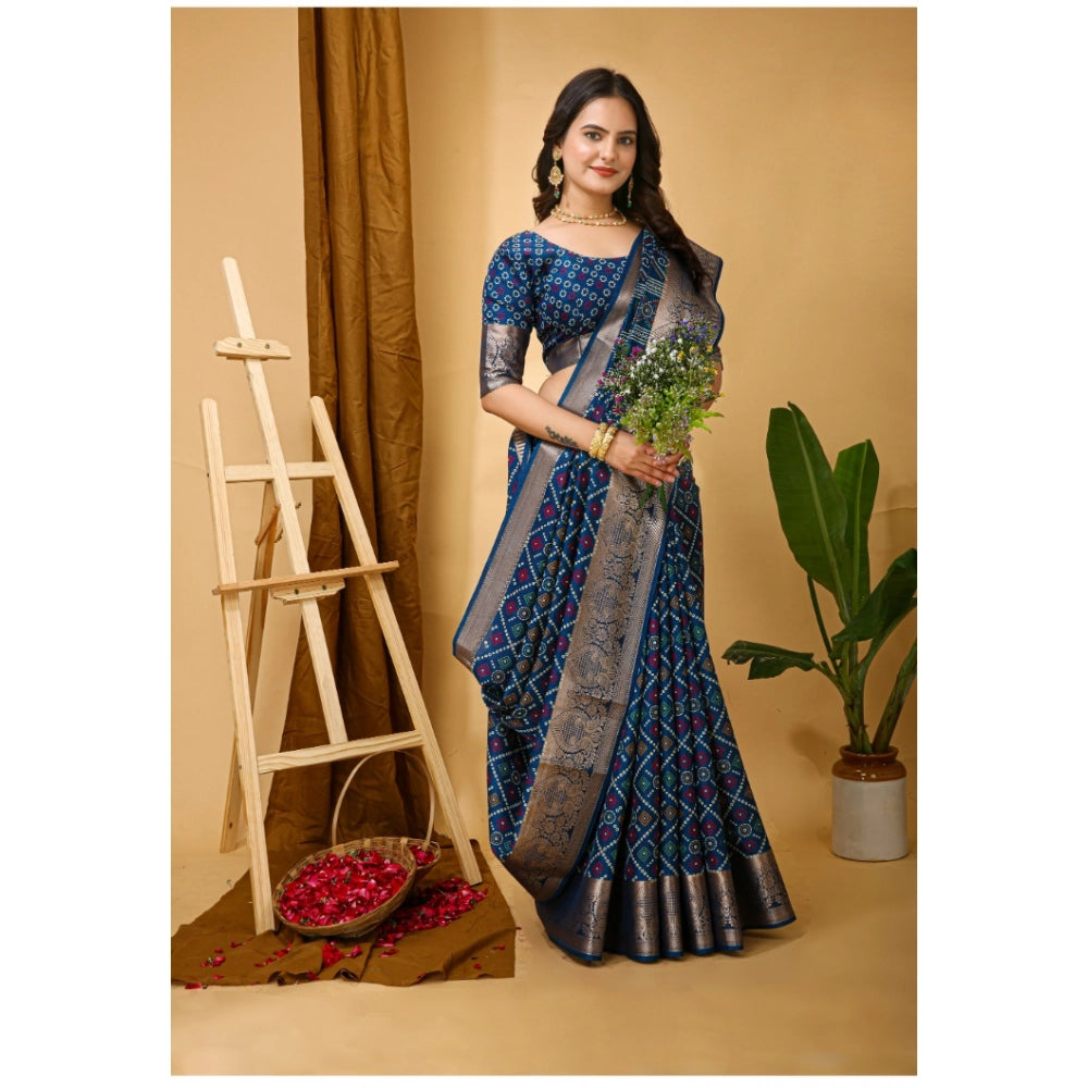 Women's Soft Dola Cotton Kalamkari Printed Saree With Unstitched Blouse 5.5Mtr (Blue)