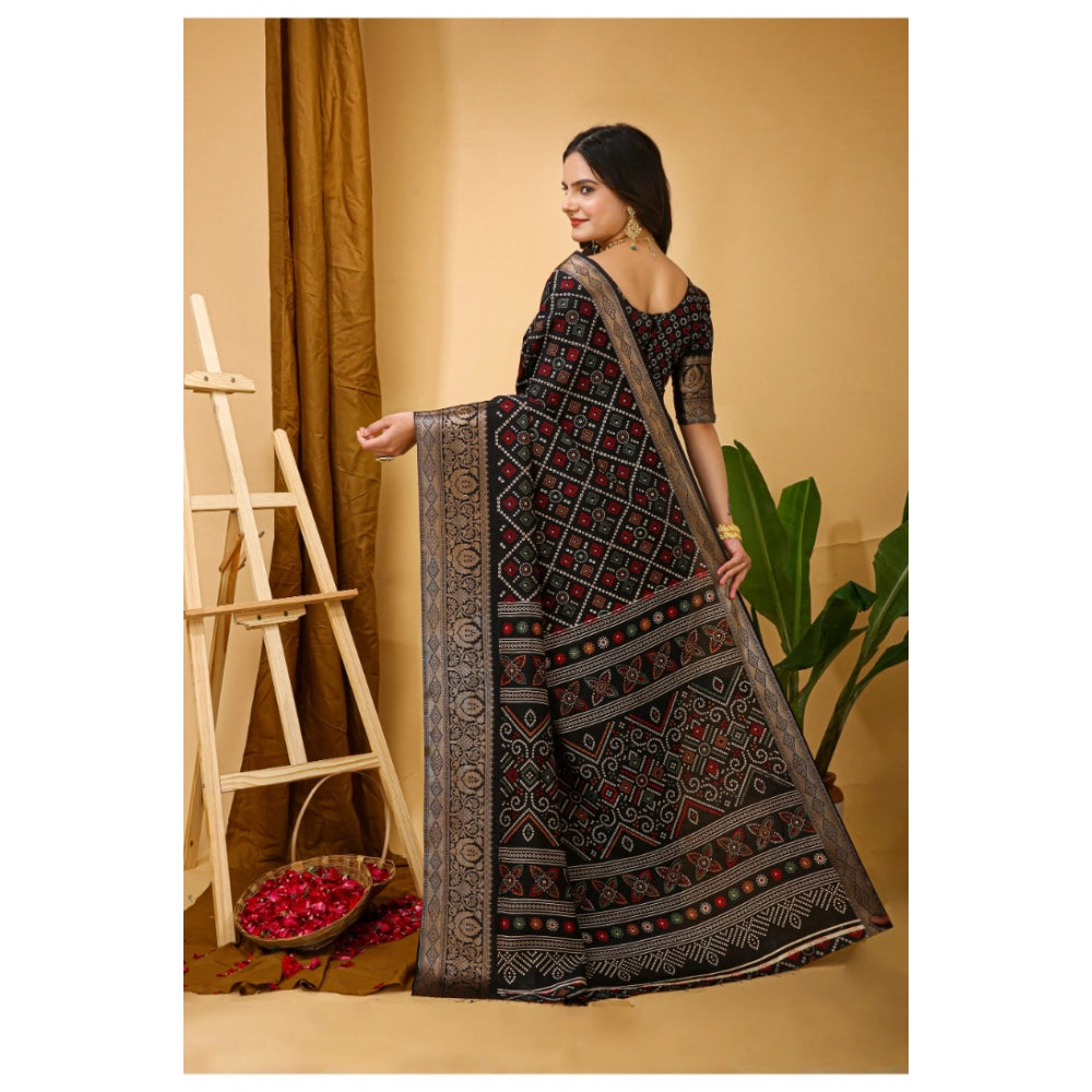 Women's Soft Dola Cotton Kalamkari Printed Saree With Unstitched Blouse 5.5Mtr (Black)