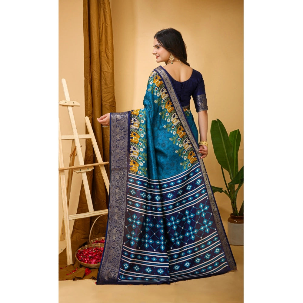 Women's Soft Dola Cotton Kalamkari Printed Saree With Unstitched Blouse 5.5Mtr (Blue)
