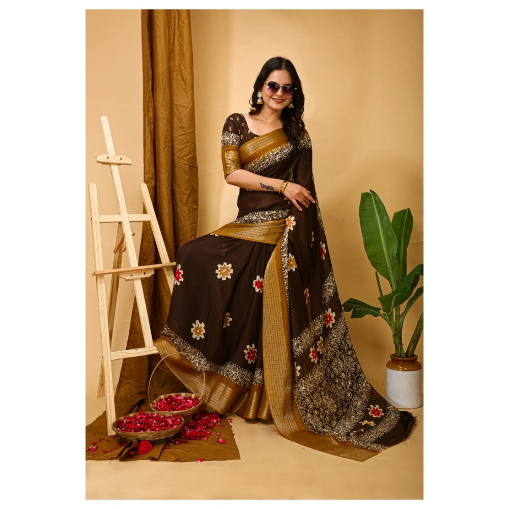 Women's Soft Blooming Marshmallow Fabric Kalamkari Printed Saree With Unstitched Blouse 5.5Mtr (Brown)