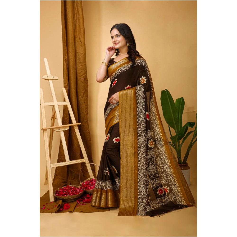 Women's Soft Blooming Marshmallow Fabric Kalamkari Printed Saree With Unstitched Blouse 5.5Mtr (Brown)
