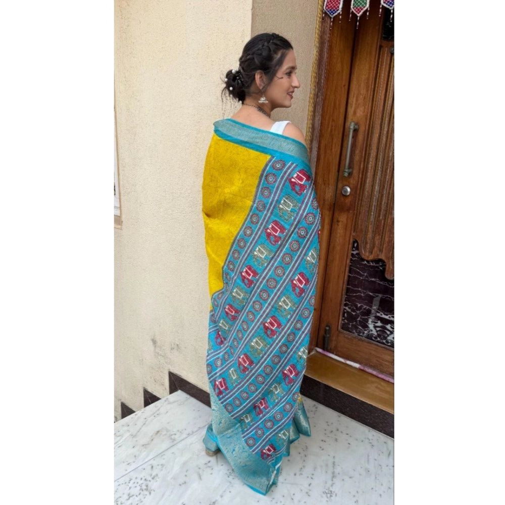Women's Soft Dola Cotton Kalamkari Printed Saree With Unstitched Blouse 5.5Mtr (Mustard)