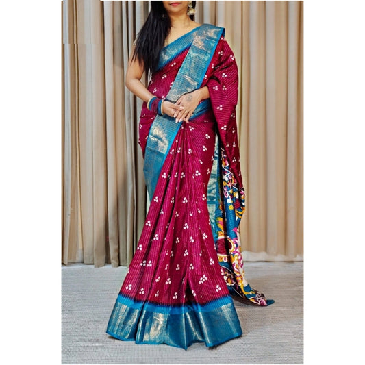 Women's Soft Dola Cotton Kalamkari Printed Saree With Unstitched Blouse 5.5Mtr (Wine)