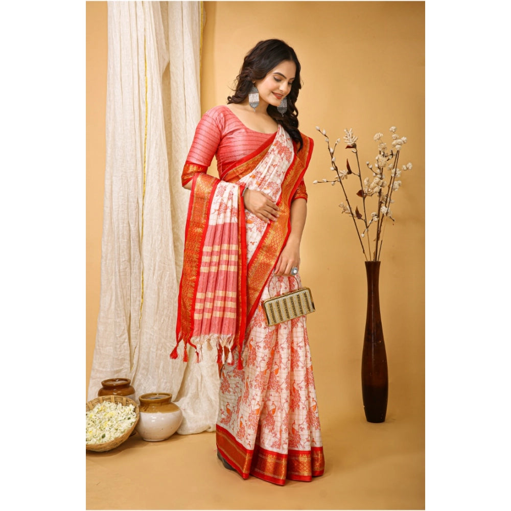 Generic Women's Soft Cotton Silk Printed Saree With Unstitched Blouse 5.5Mtr (Red)