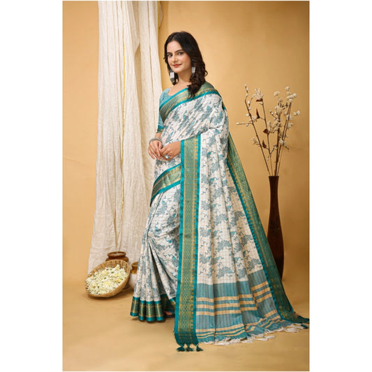 Generic Women's Soft Cotton Silk Printed Saree With Unstitched Blouse 5.5Mtr (Turquoise)