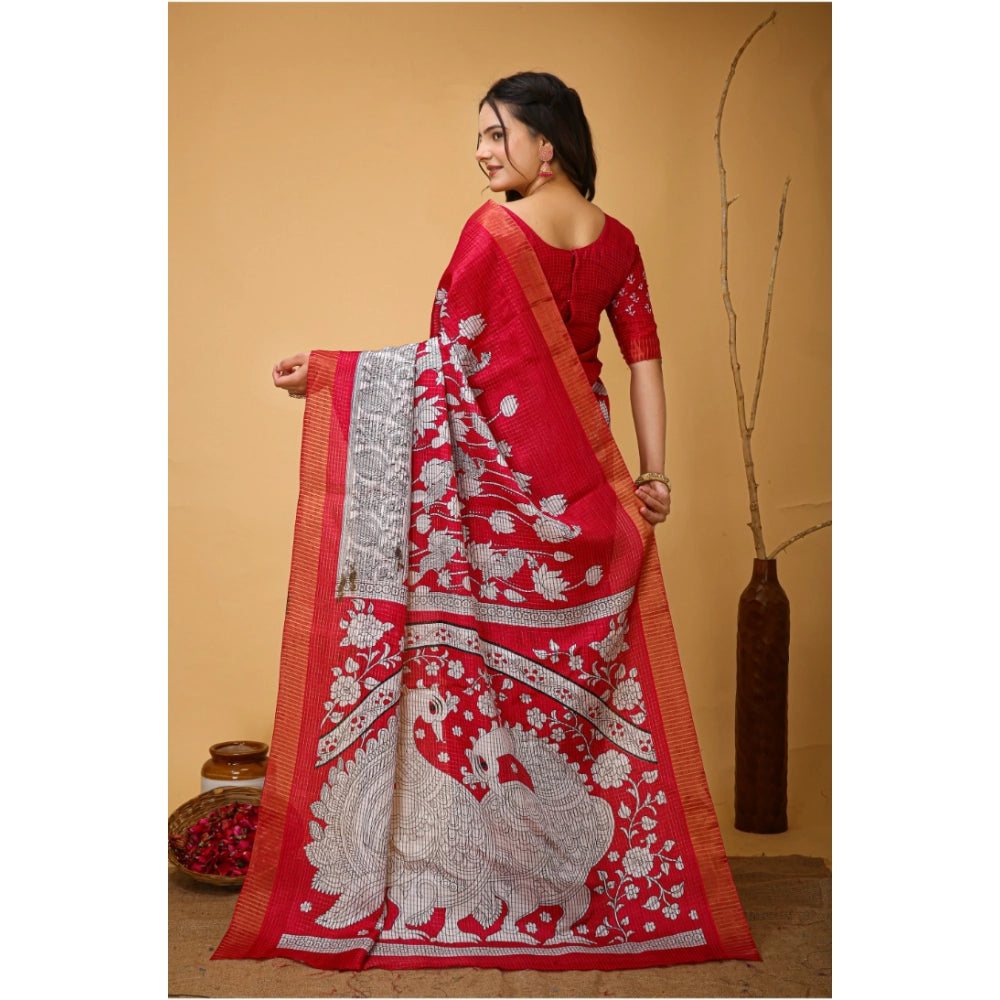 Generic Women's Soft Handloom Cotton Kalamkari Printed Saree With Unstitched Blouse 5.5Mtr (Pink)