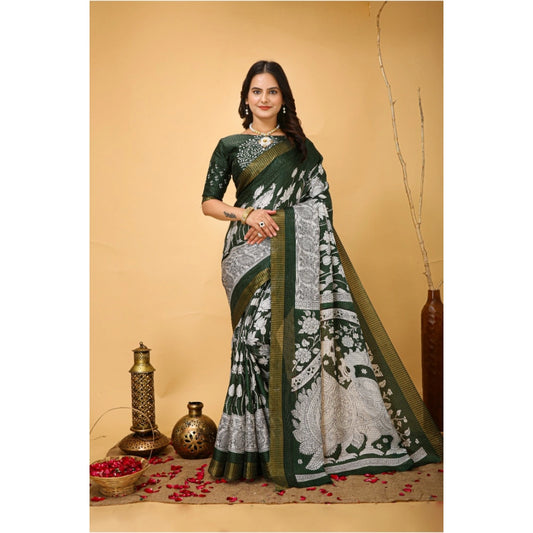 Generic Women's Soft Handloom Cotton Kalamkari Printed Saree With Unstitched Blouse 5.5Mtr (Green)