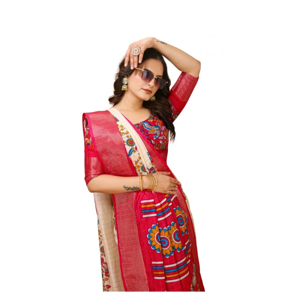 Women's Soft Dola Cotton Kalamkari Printed Saree With Unstitched Blouse 5.5Mtr (Red)