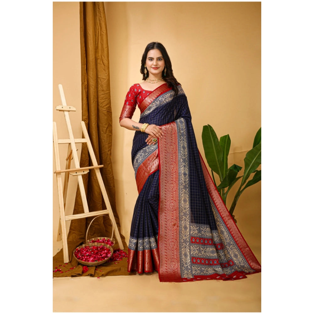 Women's Soft Dola Cotton Kalamkari Printed Saree With Unstitched Blouse 5.5Mtr (Navy Blue)